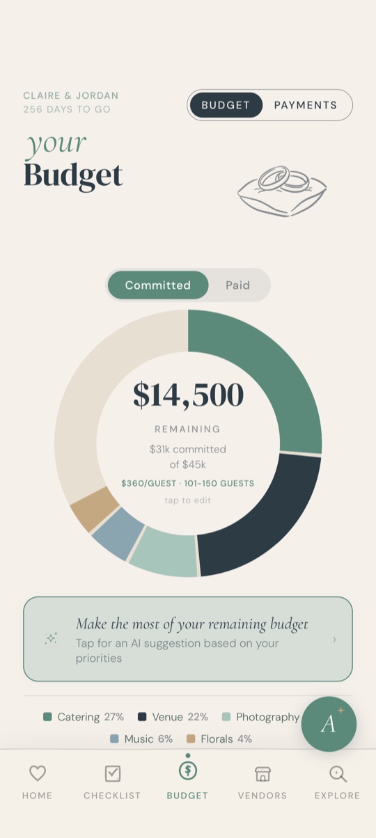 Aisle budget screen showing committed costs, amounts still owed, and upcoming payment dates