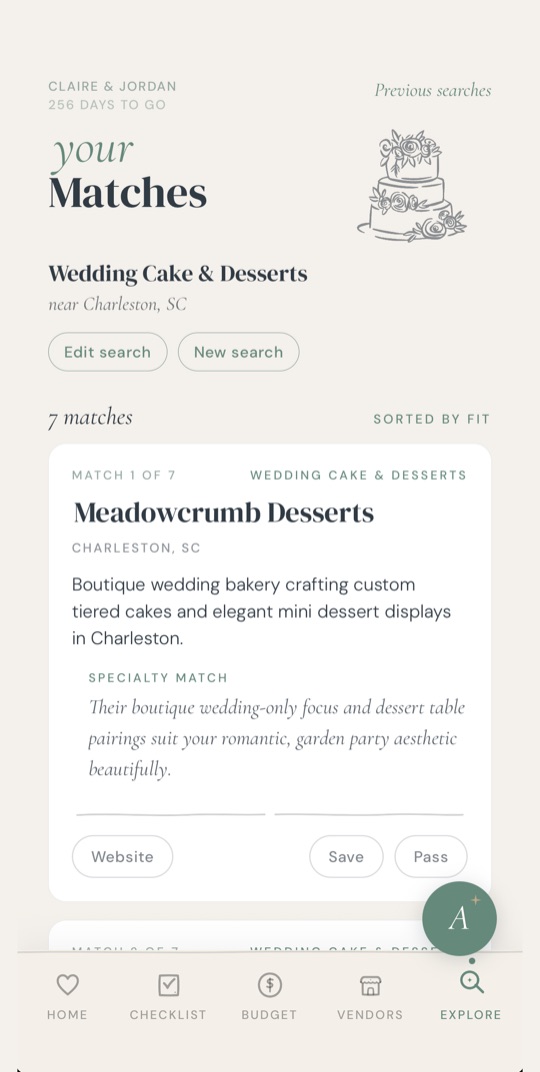 Aisle vendor search screen showing local vendors with a plain-English fit explanation for each